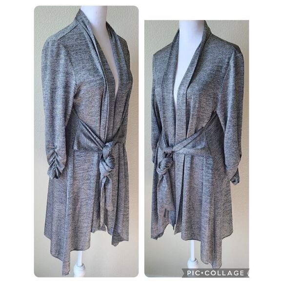 Joseph Ribkoff Long Open Cardigan Tie Waist Ruched Sleeve, Grey/Lurex US 12 - Picture 5 of 11